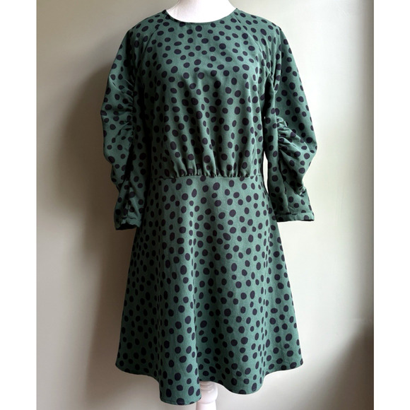 Women's Small Polka Dot Puff Sleeve Dress Green Black Retro Modest Fit & Flare - Picture 1 of 13